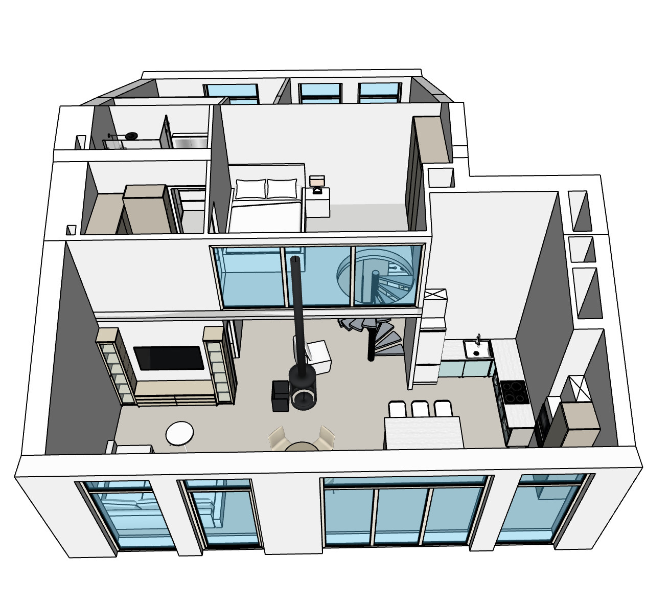Проектная SketchUp-модель Imperial Club: кухня-гостиная, второй уровень и лестница